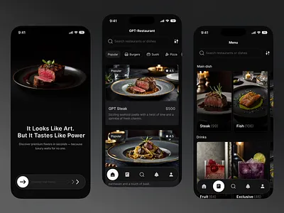 Food app - Mobile app clean cooking dark food food app food app design food delivery food menu foodiest foody meal menu minimal mobile app order food restaurant restaurant app steak ui ux
