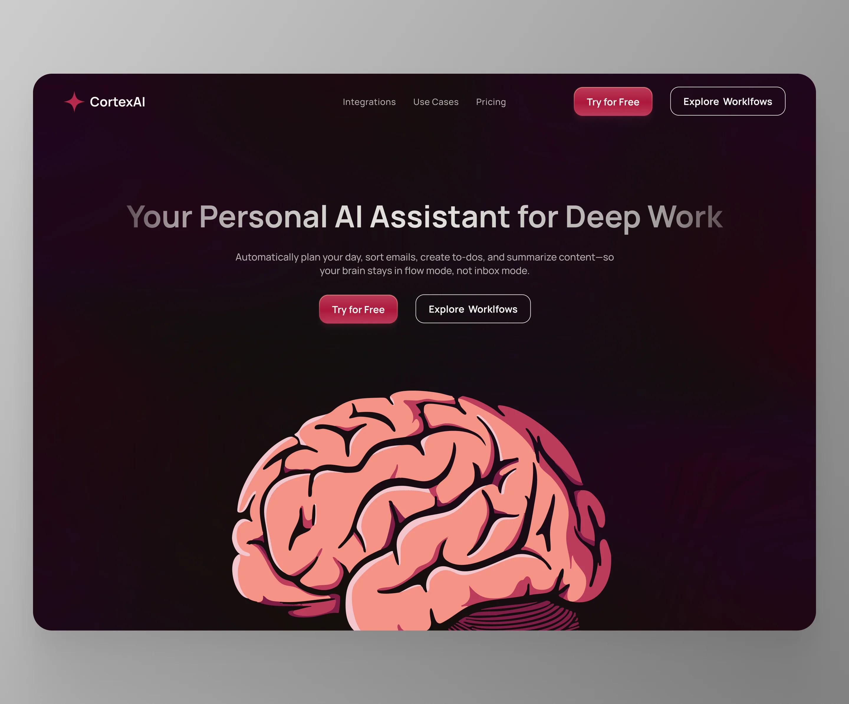 CortexAI – AI Workflow Automation Website ai automation branding clean dark mode design elegant hero illustration ui ux vector
