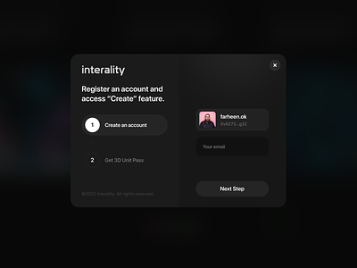 Interality - Create An Account Modal blockchain blur casino create account crypto gambling game gaming metaverse modal nft popup sign in sign up ui ui component ui element ux wallet web3