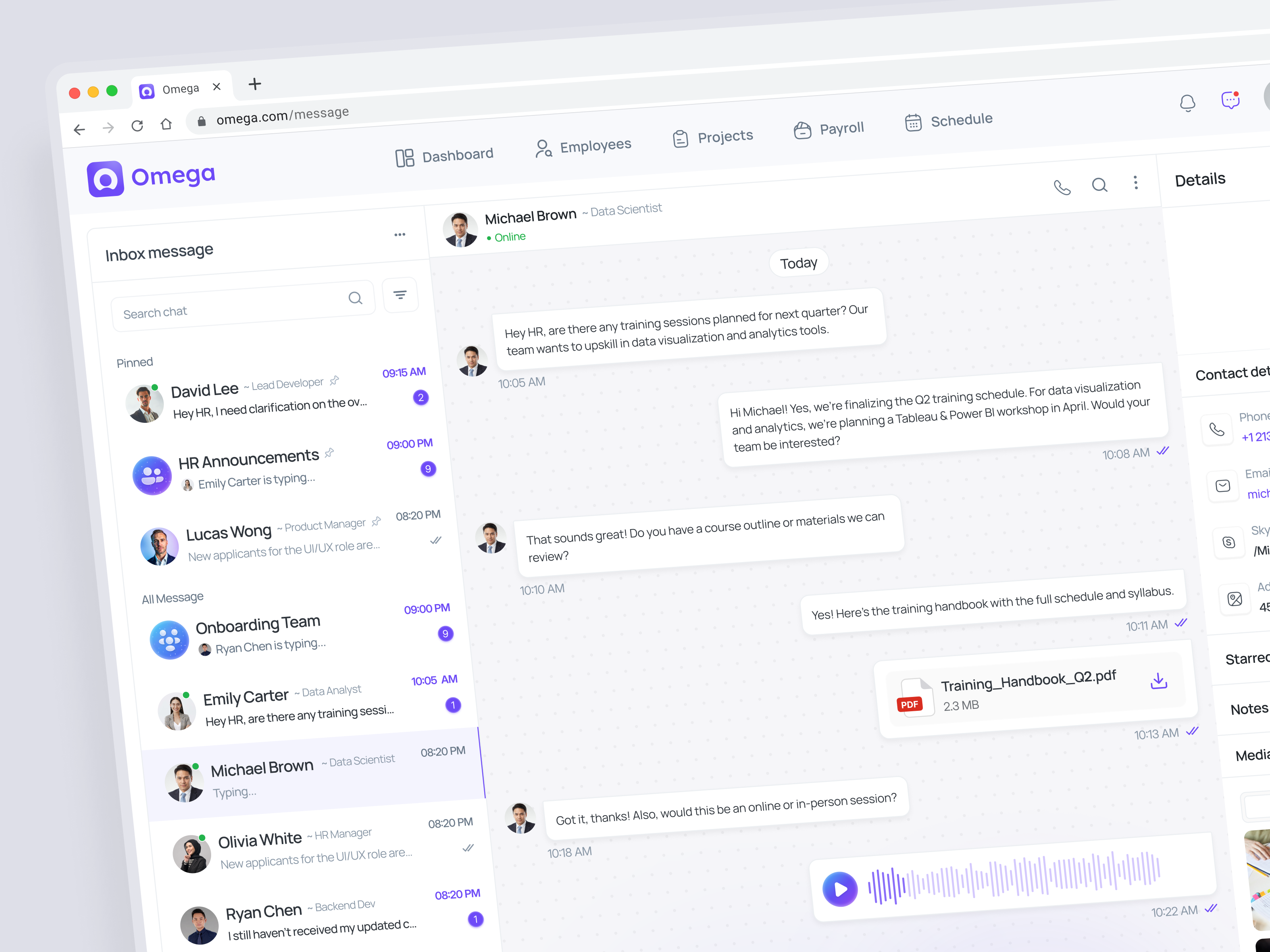 HR Chat Dashboard - Omega chat collaboration communication dashboard design employee hr hrm inbox management manager message profile saas ui uiux ux webapp webdesign workflow