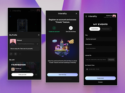 Interlity Metaverse - Mobile Version 3d app ar blockchain calendar create create account crypto event game gaming low poly metaverse mobile nft popup profile vr web3
