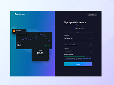 UniteNote - Sign up page project management project management dashboard sign in sign in page sign up sign up design sign up page ui ui design uiux ux ux design