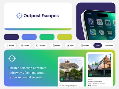 Outpost Escapes Branding/Web Travel Exploration accommodations app branding compass design gradient graphic design hotel illustration logo travel typography ui ux vector
