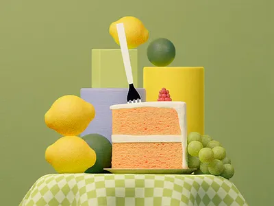 Sweet Geometry - 3d Model 3d 3d art 3d art work 3d composition 3d design 3d rendering cake citrus citrusvibes clean cozy cozy touch dessert foodart grapes graphic design lemo lemons modern soothing green