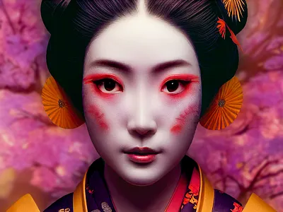 Japanese Geisha close-up with Sakura trees design digital japan