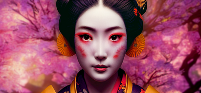 Japanese Geisha close-up with Sakura trees design digital japan