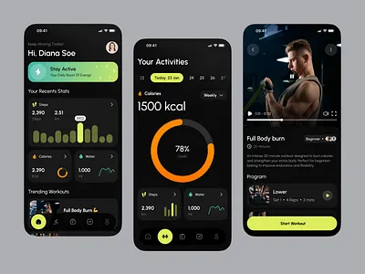 Fitness Mobile App app chart course dark exercise fitness gym learning lesson management mobile mode sport statistics task tracking ui ux video workout
