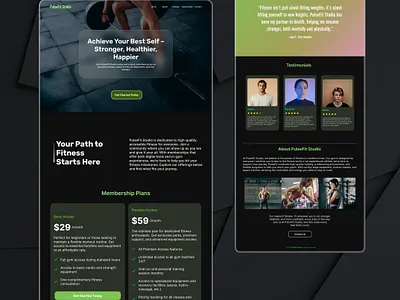 PulseFit Studio Landing Page – Empowering Fitness Journey branding darktheme designinspiration fitnessdesign graphic design gymwebsite logo ui uiinspiration webdesign