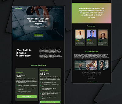 PulseFit Studio Landing Page – Empowering Fitness Journey branding darktheme designinspiration fitnessdesign graphic design gymwebsite logo ui uiinspiration webdesign