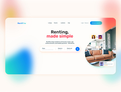 Rentflow Renting app blue branding clean design gradient minimal modern red rent shadows ui ux