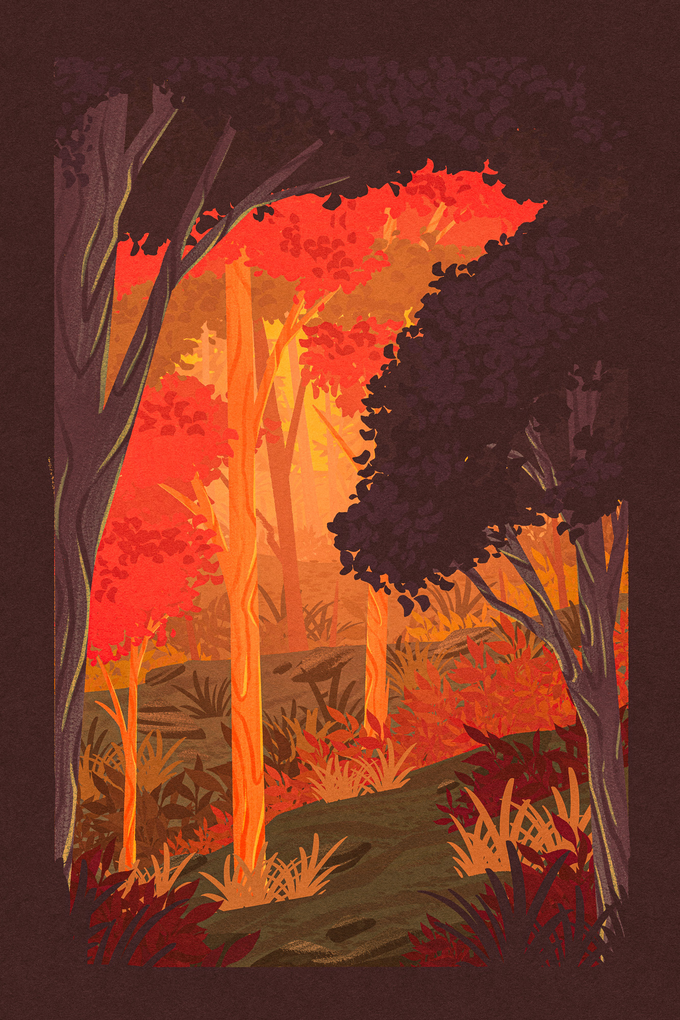 Woodsy 2d colorful digital painting forest forrested illustration inviting landscape mysterious retro spooky stylized texture timeless trees vintage warm woods