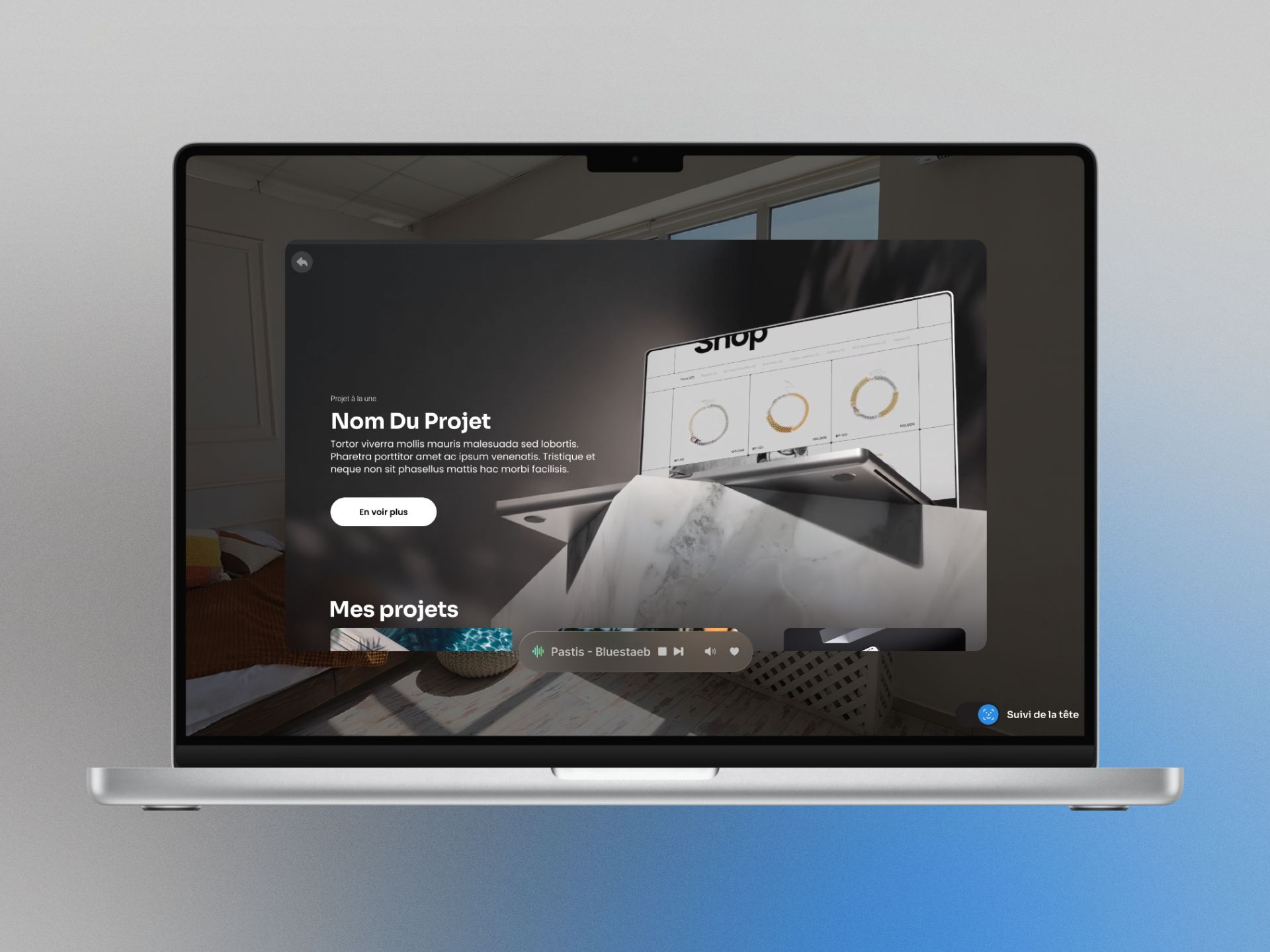 Portfolio Vision – Une immersion élégante dans l’univers d’un dé 3d animation apple vision apple vision pro branding design dev motion graphics portfolio ui vision pro xr