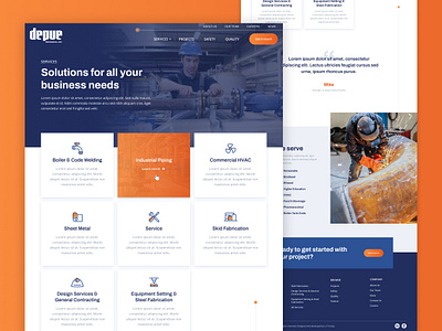 DePue :: Services blue blue and orange cards construction factory gradient hero hover iconography icons industrial mechanical orange service cards services ui ux