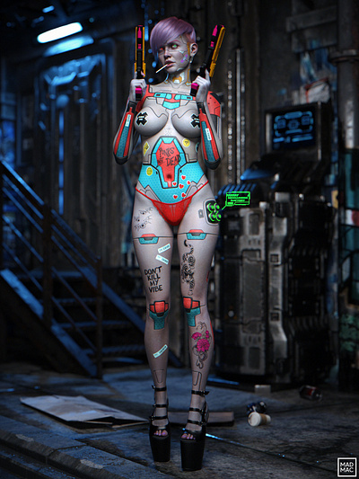 Cyberpunk Girl - Recharge 3d android city cybeprunk cybergirl digital art future girl guns noai portrait punk render robot scfi sexy stickers substancepainter tattoo texture