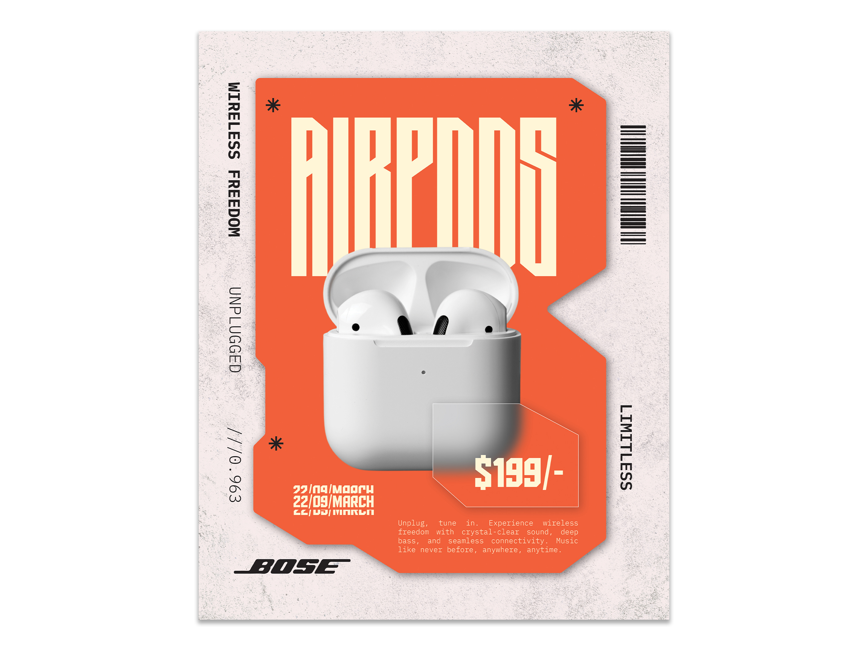 Bose AirPods Poster Design – Creative Advertising Graphic Poster airpods creativedesign freelancedesigner graphicdesign posterdesign productdesign typographydesign visualdesign