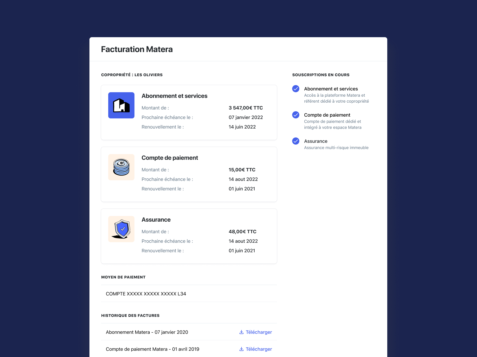 Matera billing page billing parameter ui