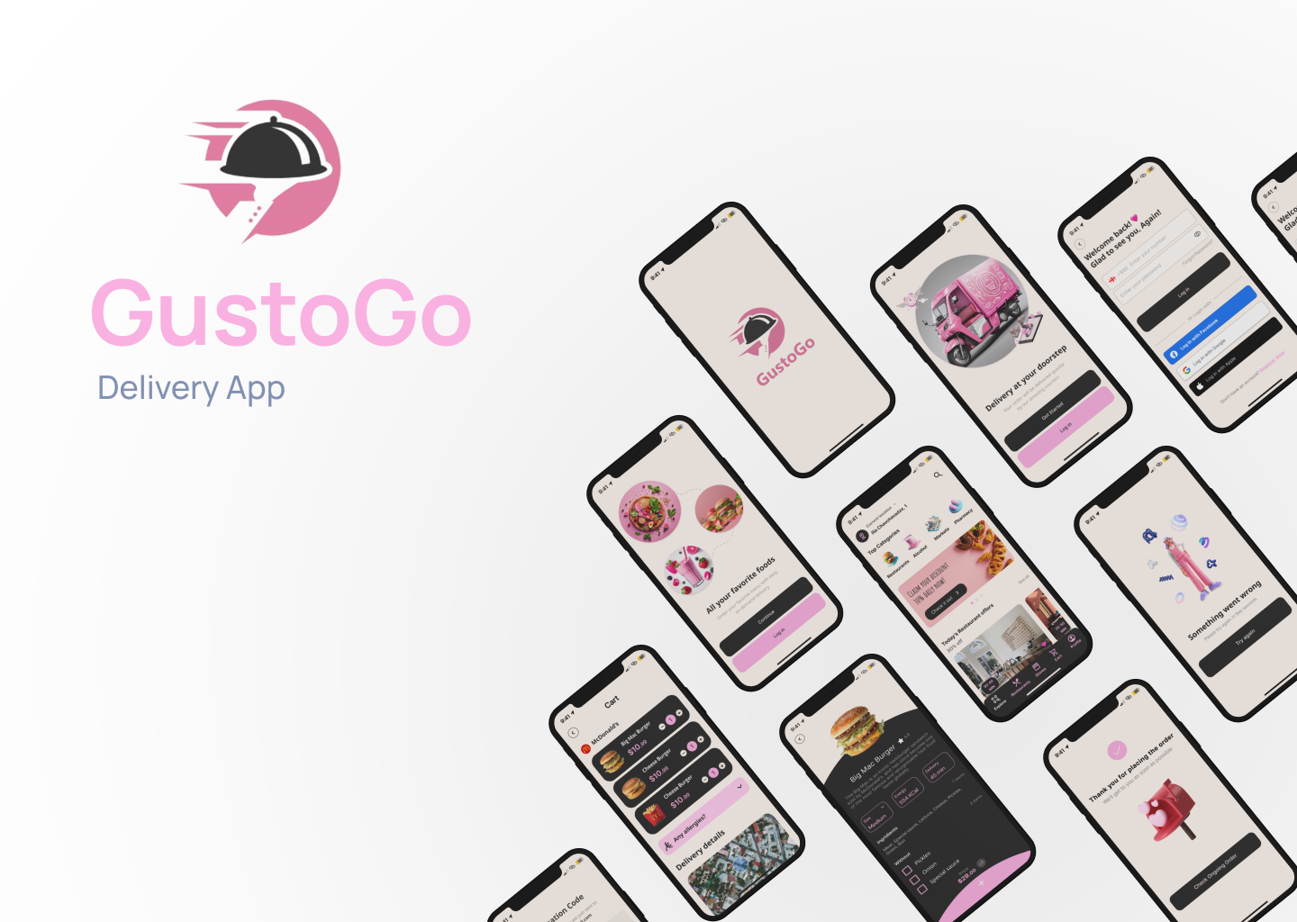 GustoGo – Food Delivery App 3d models app black branding burger card cart delivery delivery app design food fun modern pink registration ui visuals
