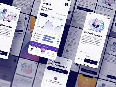 Cough App UI/UX Design ai app design calendar chart clean dashboard graph illustration iphone mobile app modern onboarding product deisgn purple schedule tracker ui uiux