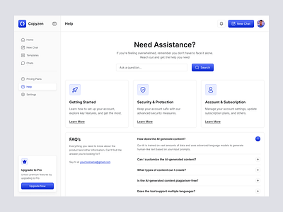 AI Copywriting Tool Help Page ai copywriting ai copywriting tool ai tool content writing dashboard dashboard design design help page saas support page ui ui design uiux web design web ui website writing tool
