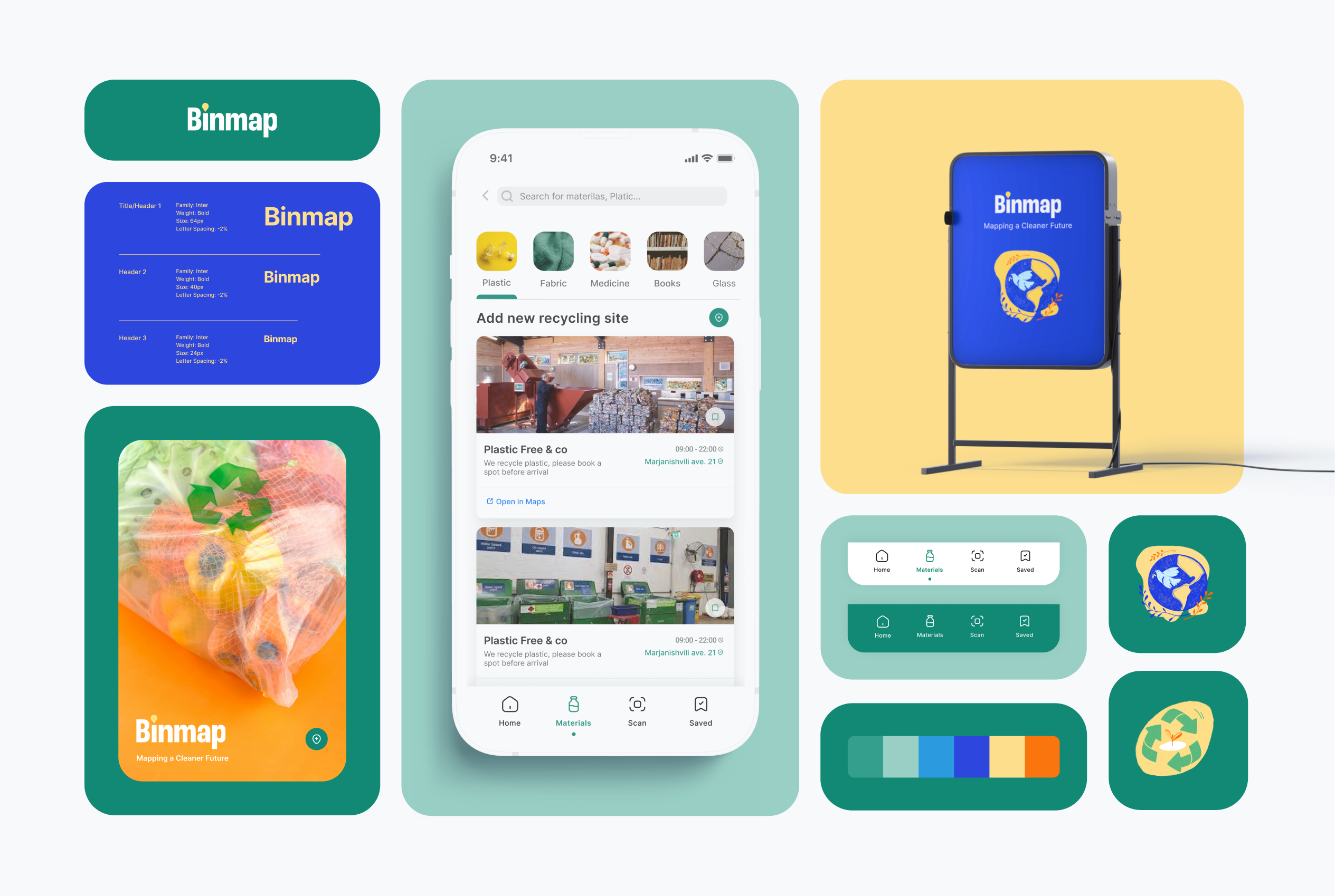 Binmap Recycling App app bento branding colors menu navigation recycling ui