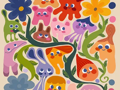 Critters Colorful colorful critters cute flowers green illustration orange pink procreate red tan