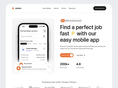 Jobbin - Job Finder Header Landing clean design design header section hero section job finder job listing landing page ui uiux web design