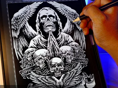 HOPE DIES LAST (ink) angel apparel clothing dark dark art dies halloween hope horror metal art metal band metal merch monster nft nft artist pray scary skeleton skull wings