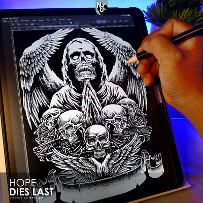 HOPE DIES LAST (ink) angel apparel clothing dark dark art dies halloween hope horror metal art metal band metal merch monster nft nft artist pray scary skeleton skull wings
