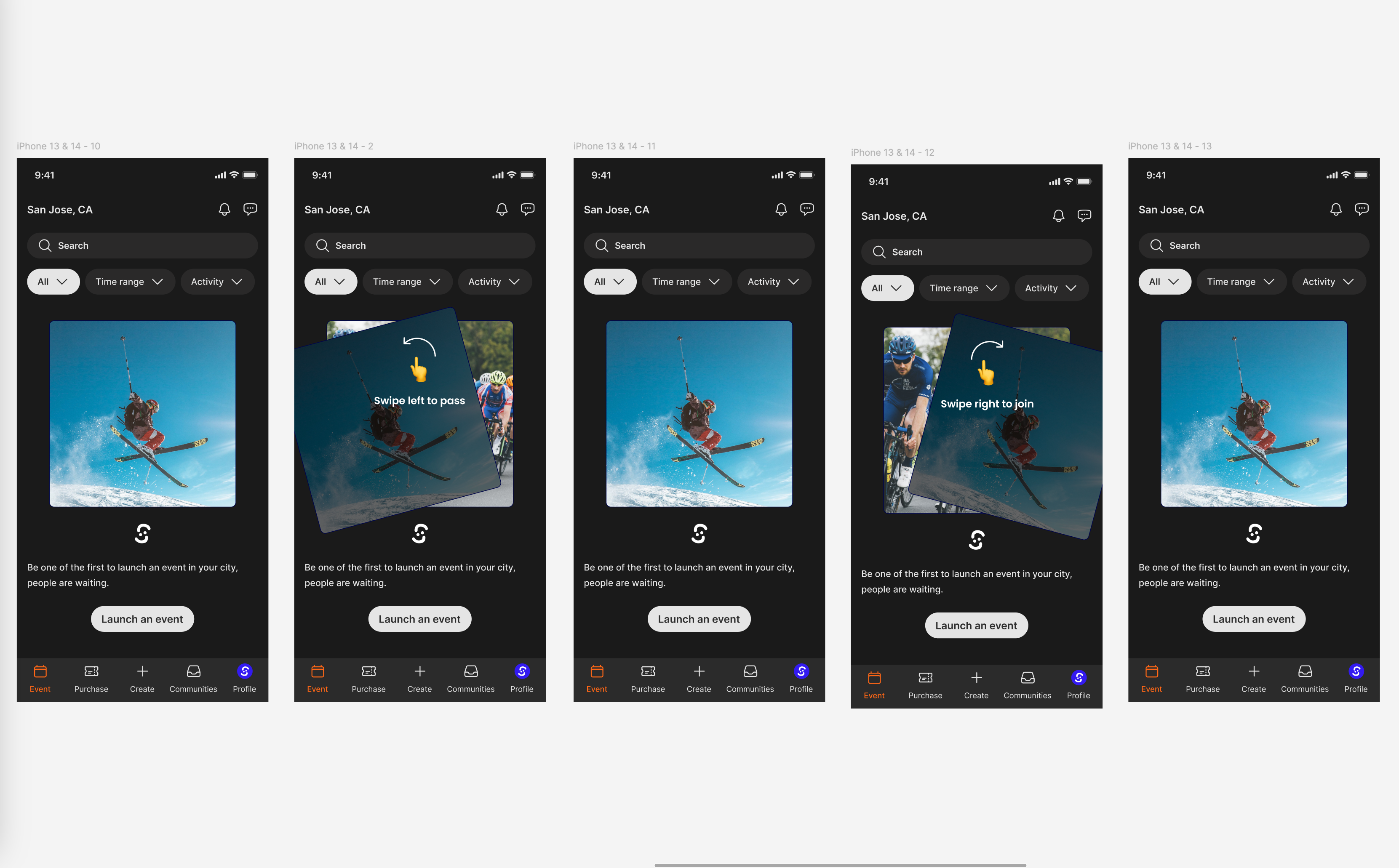Consumer App - Swiping Cards app cards consumer app events figma prototype swiping ui ux