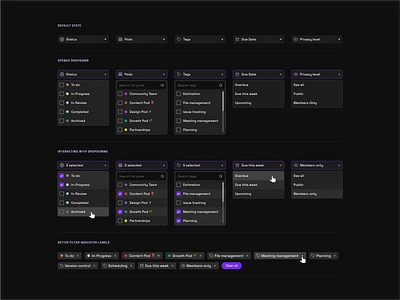 Board Filter Dropdowns app button component dark mode design system dropdown fields filter ui filtering filters input pods product design project management search bar select filter sort sort by tags ui kit