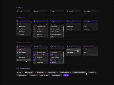 Board Filter Dropdowns app button component dark mode design system dropdown fields filter ui filtering filters input pods product design project management search bar select filter sort sort by tags ui kit