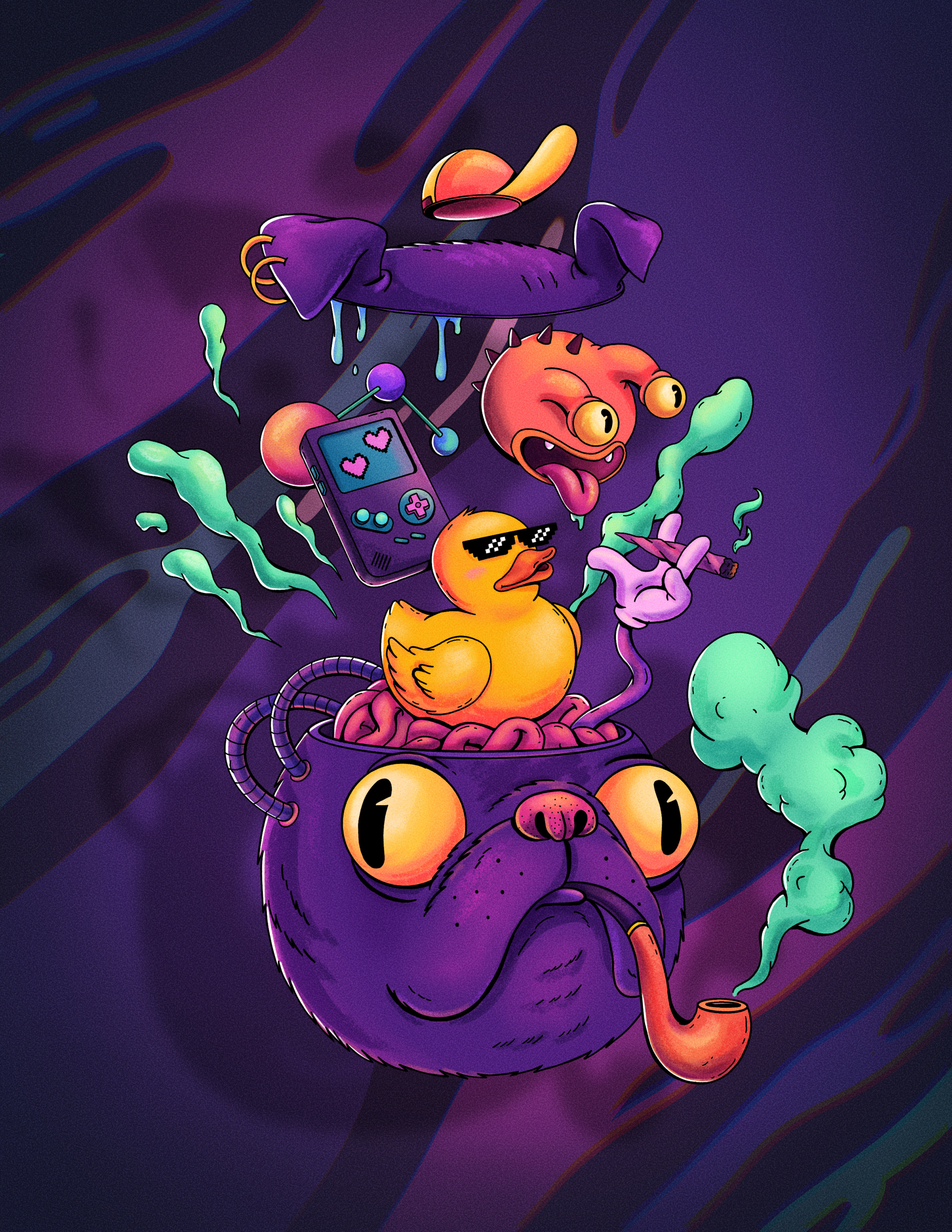 Mad art animal art branding cartoon character crazy dog doodle duck emotion graphic illustration pink poster procreate purple web3