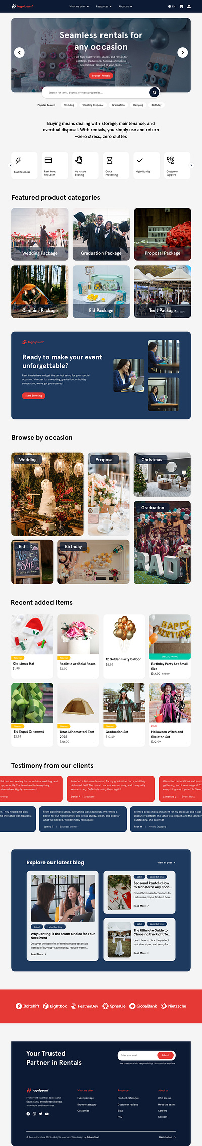 Landing page for Rent-a-prop design showcase. party rentals
