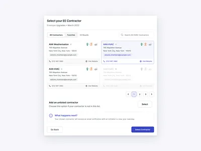 Select Contractor (Modal) - Domo card cards contractor modal pagination