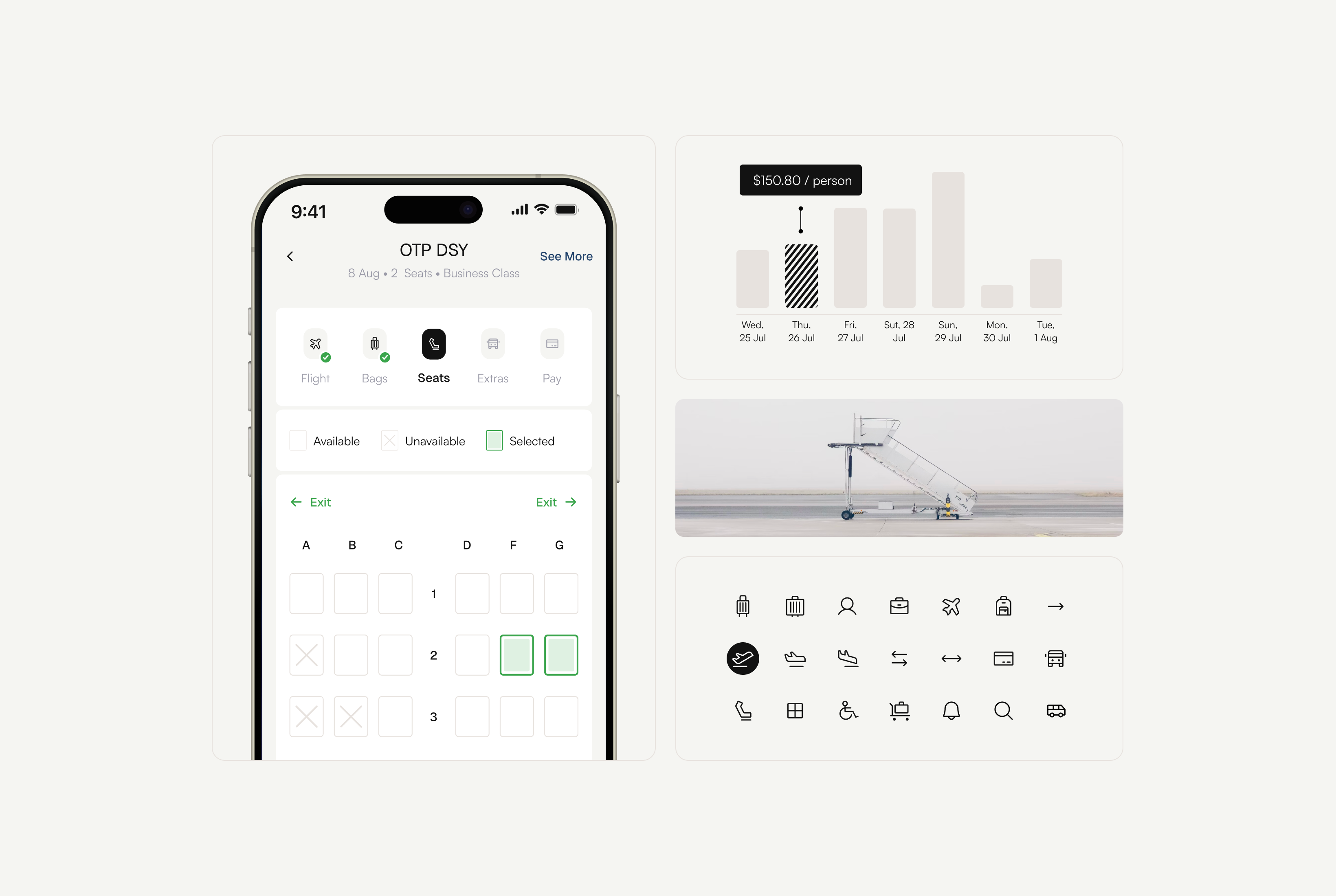 Effortless Ticket Booking – Premium Airline iOS App airline airport b2c bagage checkout diagram flight icons ios mobile product design seats ui ux visual design