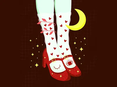 Moonlit Steps of a Dreamer art art design art illustration artist artwork beautiful shoes brown background colorful colorful design creative design digital art dreamyaesthetic fantasy art heart shapes illustration inspire magicshoes moon moonlight