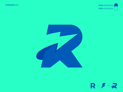 Letter R bolt branding bright color energy fast flash icon letter logo logos modern monogram negative space new power r symbol thunder volt
