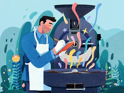 MQ Coffee Illustration - 1 boy character coffee flat illustration landscape man nature noise outdoor people plant texture uran
