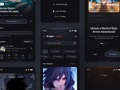 Eight - Anime Streaming Platfrom anime anime streaming app cinema clean dark design futuristic interface minimal mobile mobile app movie movie app movie streaming stream streaming ui user interface ux