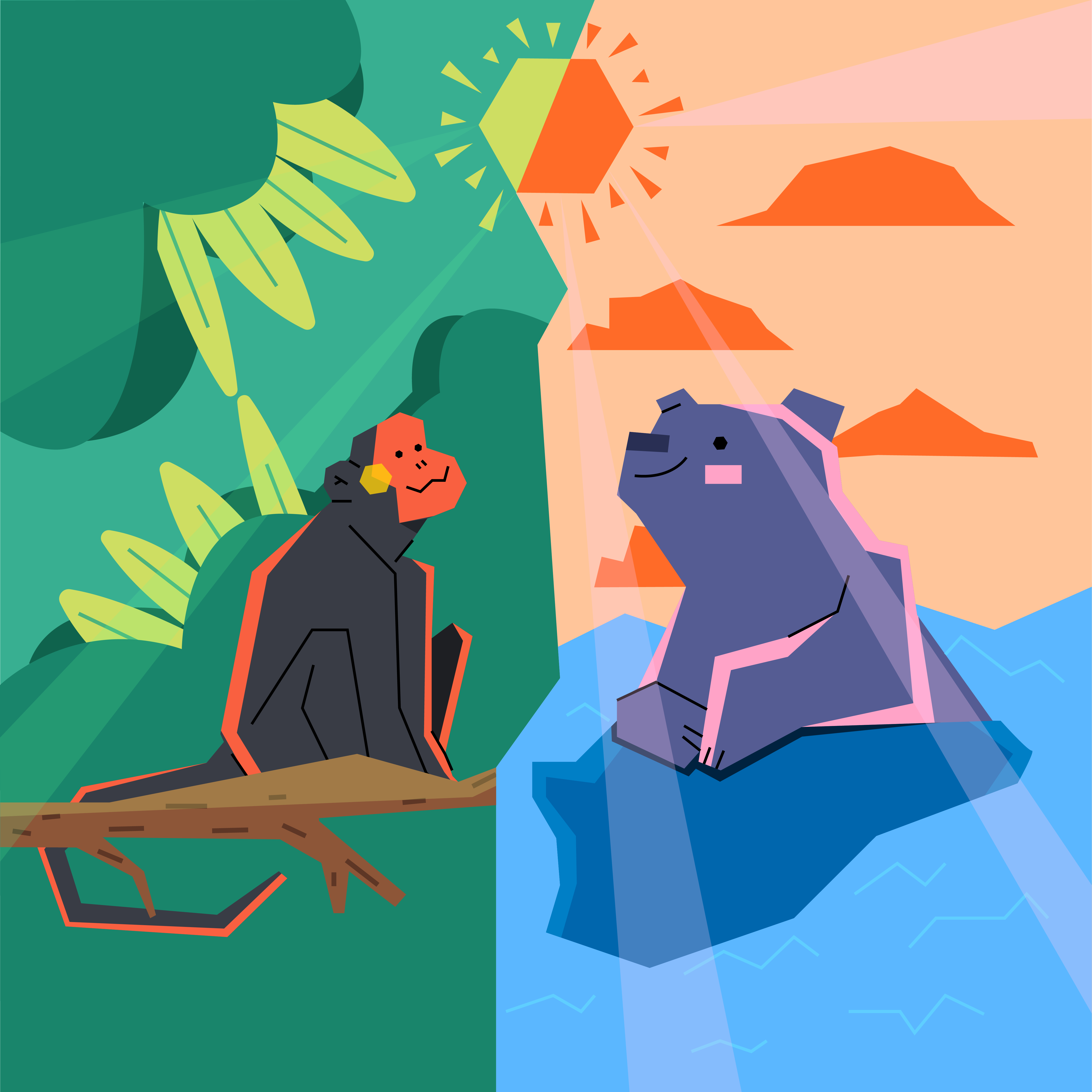 Cute geometric animals! 2d animal art animal drawing animal illustration bear character design geometric geometric art graphic design illustration monkey procreate vector art vector drawing vector illustration