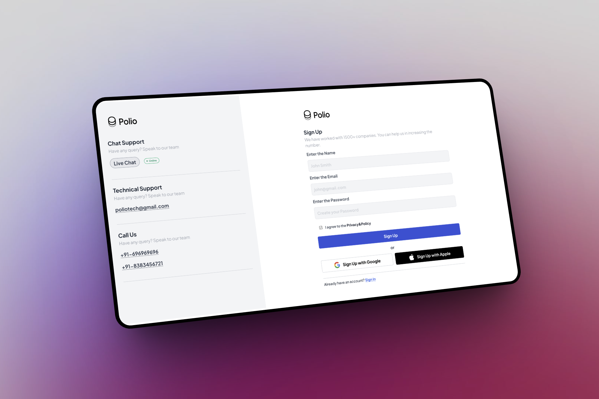 Designed a signup page for polio CRM dailyui figma form frontend polio signin signup ui
