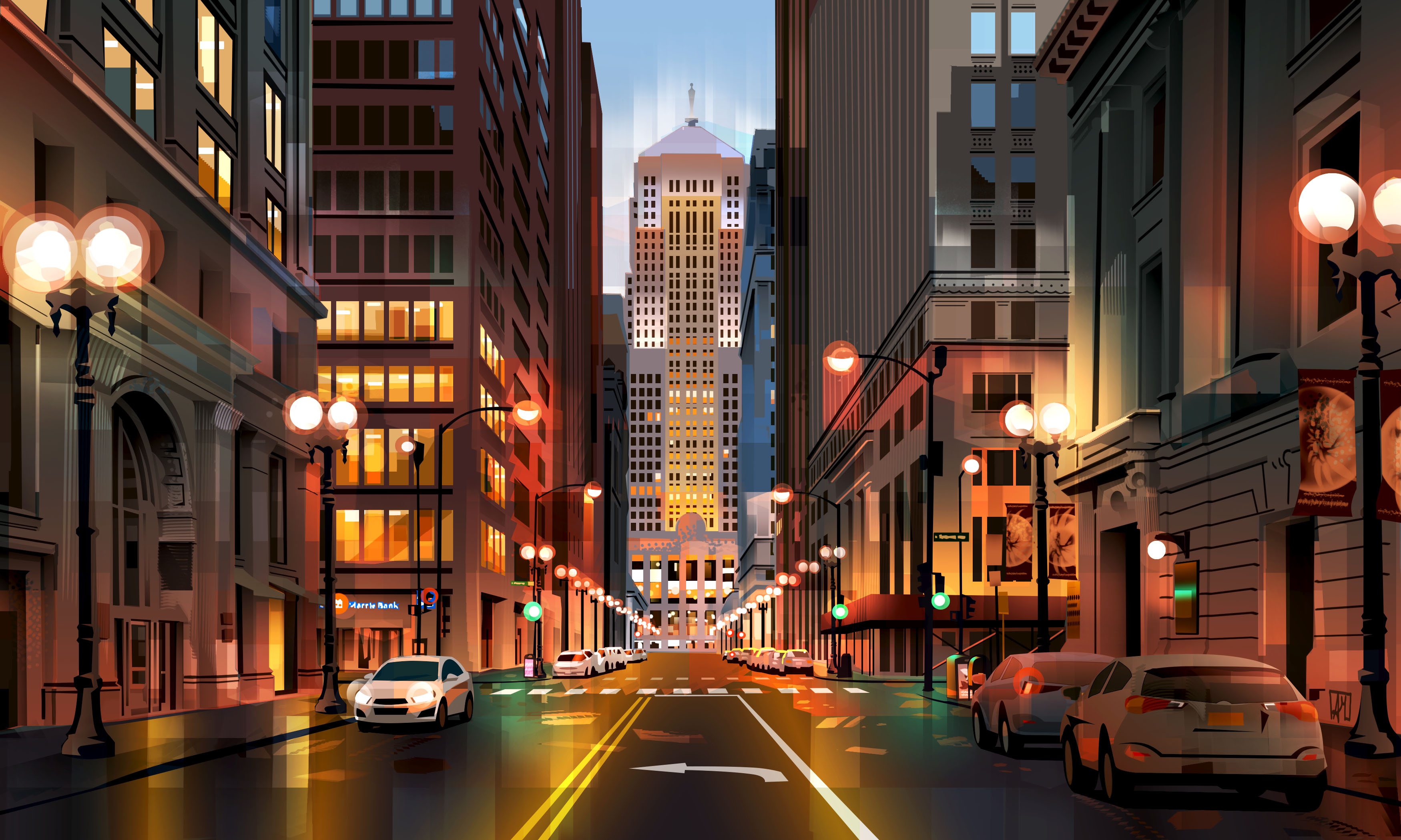 When the lights go on chicago city colourful design illustration lights print street vector