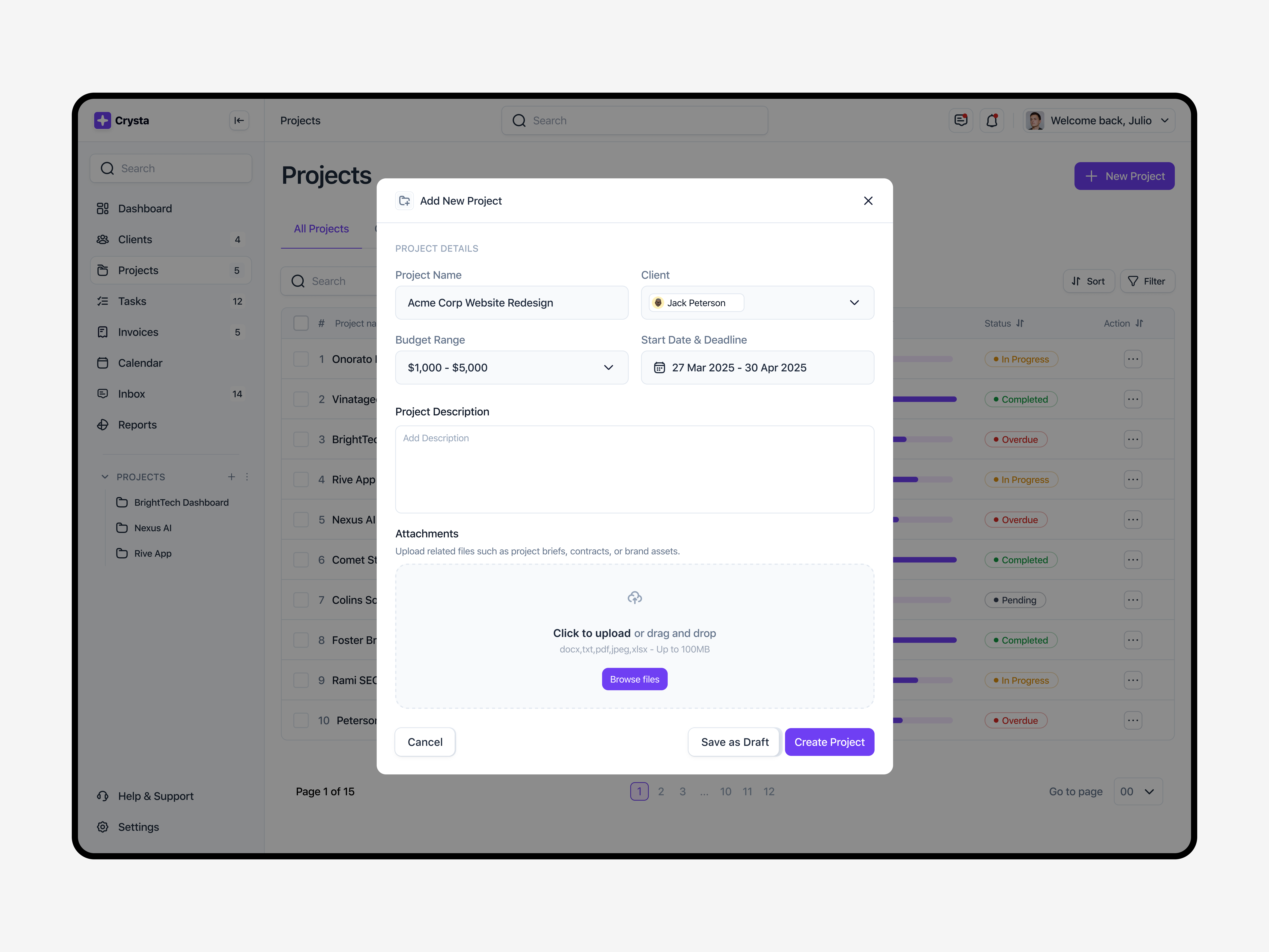 Modal Form Component - Crysta app client component crm dashboard design freelancer project management purple saas task task management tech tool ui ux web