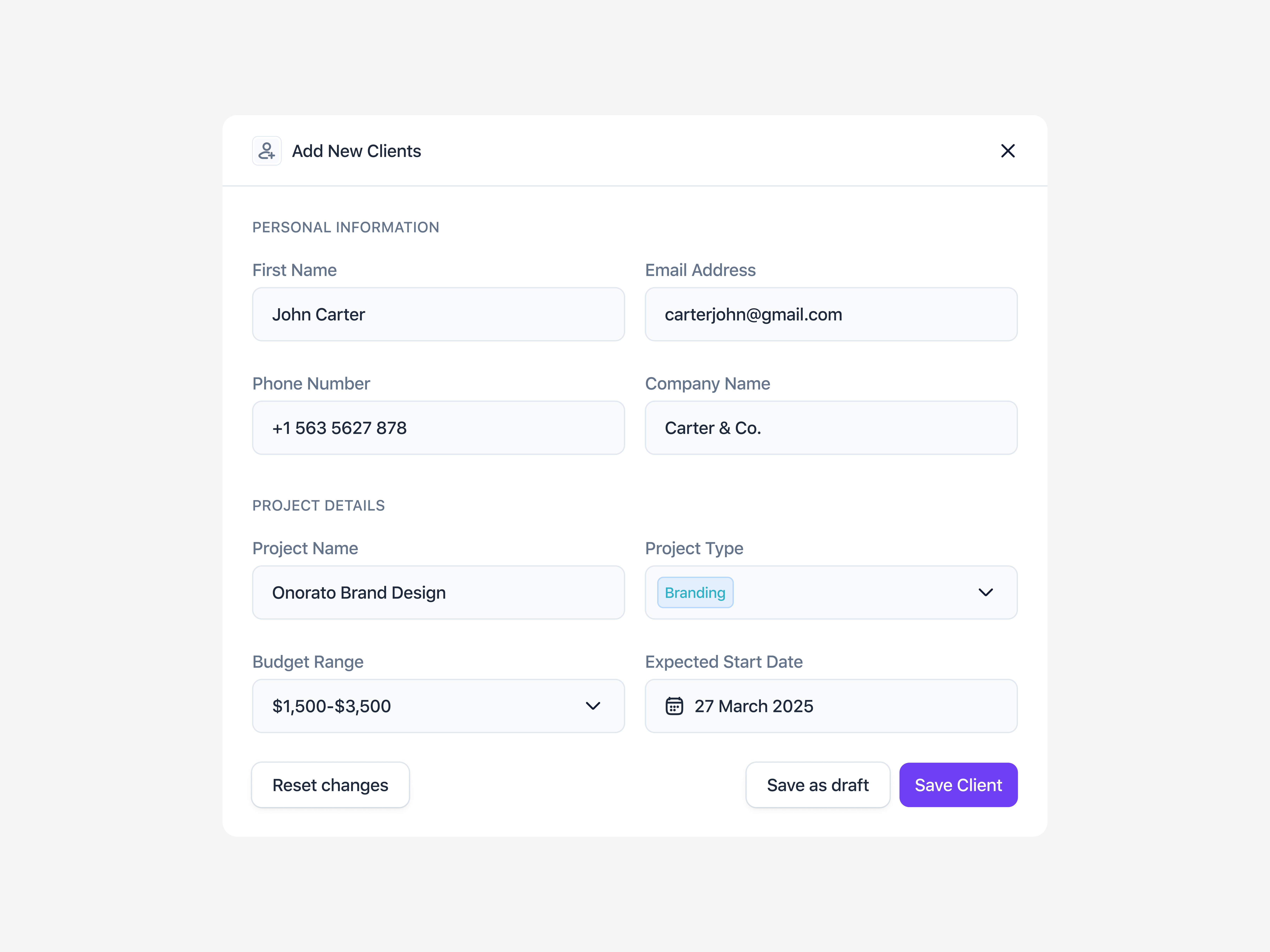 Crysta - Add Client Modal Component crm dashboard design freelancer product project management purple saas task tech to do ui ux