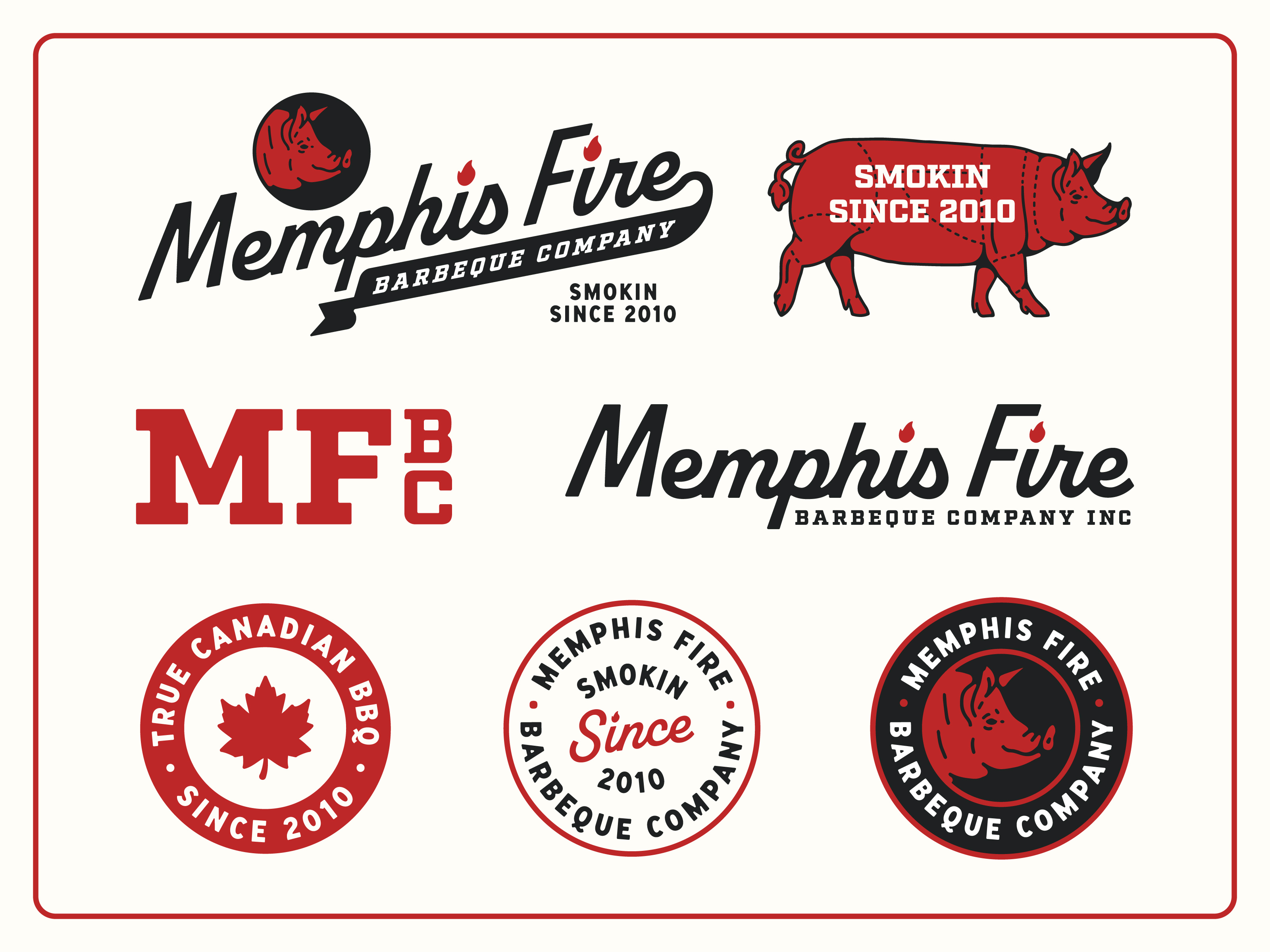 Memphis Fire Barbeque Co Brand Refresh badge barbecue bbq branding butcher canadian crest fire illustration logo memphis menu design monogram ontario patch pig restaurant script small business visual identity