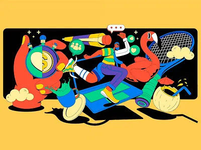 Between Hustle and Leisure art art design artwork character design chase chasing time colorful colorful illustration creative fast paced illustration inspire meaningful illustration playful playful design race rush rush hour thought provoking vibrant