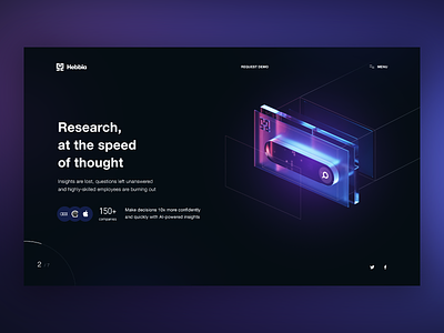 AI search brand web site exploration 3d c4d dark field hebbia home icon illustration input landing menu night page search typography ui web website