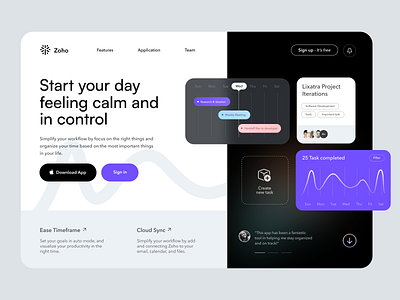 Project Management Tool | Hero Section card clean dark graphic hero homepage interface landing page management tool popular productivity project saas team timeline to do app ui ux web design website