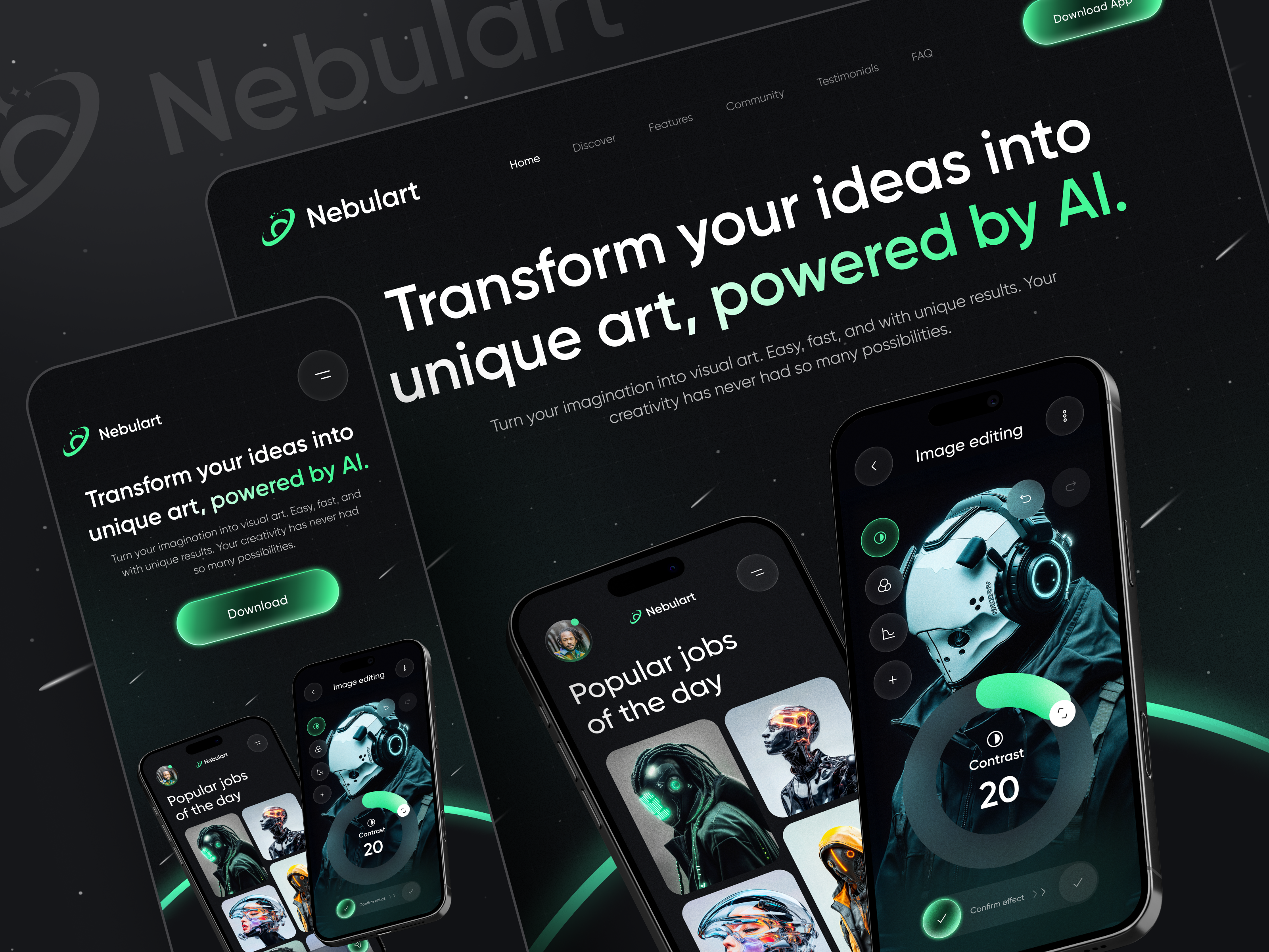 Landing Page - Futuristic AI Generator ai ai app ai image generator app design app mobile art generator artificial intelligence creative cyberpunk image generator innovation inspiration ios landing page text to image trend ui design ux design