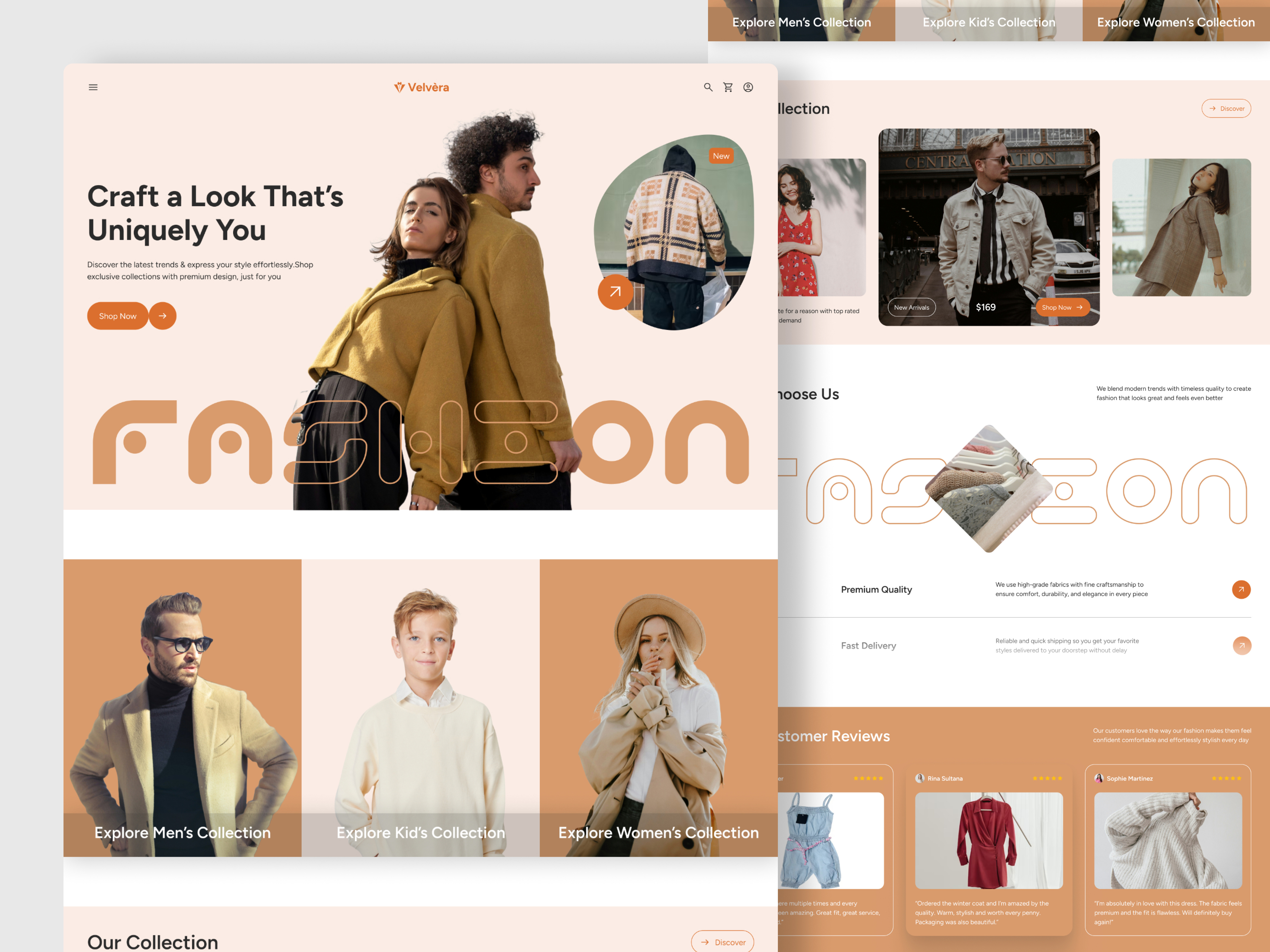 Velvera - Fashion Landing Page beauty branding clothes concept design ecommerce ecommerce design fashion landing page luxury marketing minimalist design orange shopping swiss style typography uidesign uiux web design website